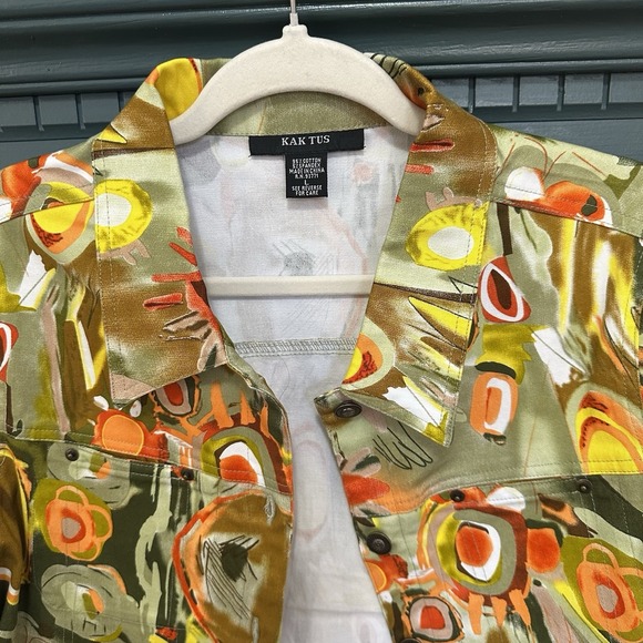 Kak Tus Artsy Button Front Women's Sz L 3/4 Sleeves Pockets Cotton Blend - Picture 4 of 9